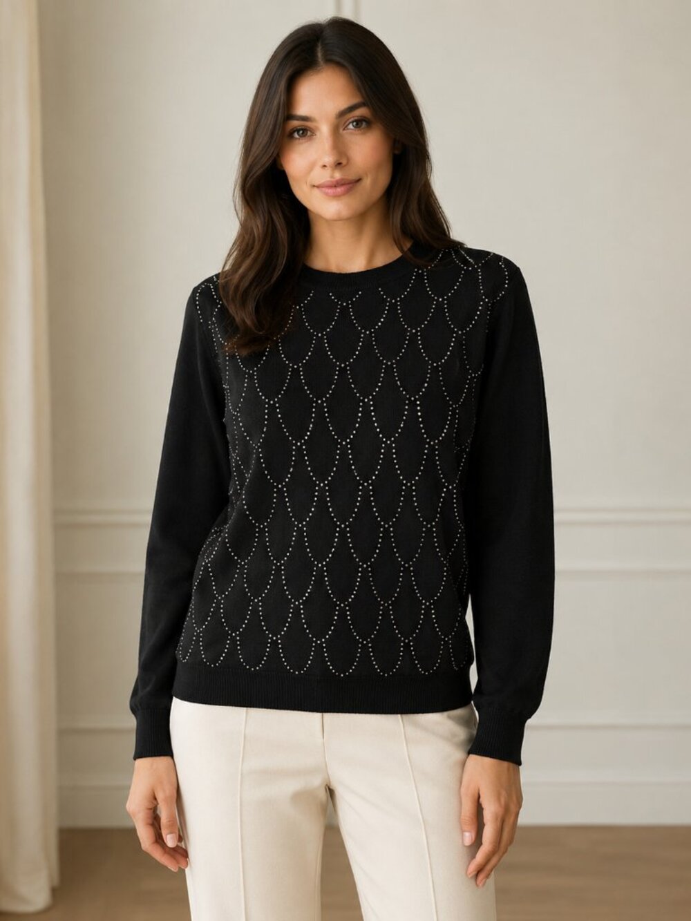 Nanette by Nanette Lepore Black Rhinestone Scallop Sweater Size L